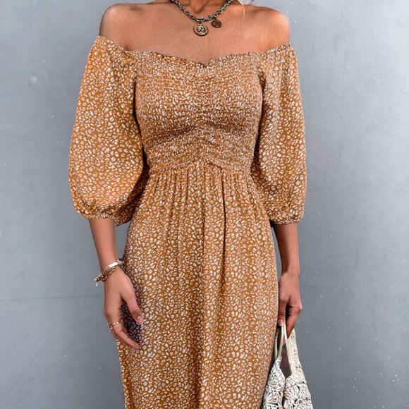 Printed Off-Shoulder Ruffle Hem Midi Dress - Picture 1 of 7